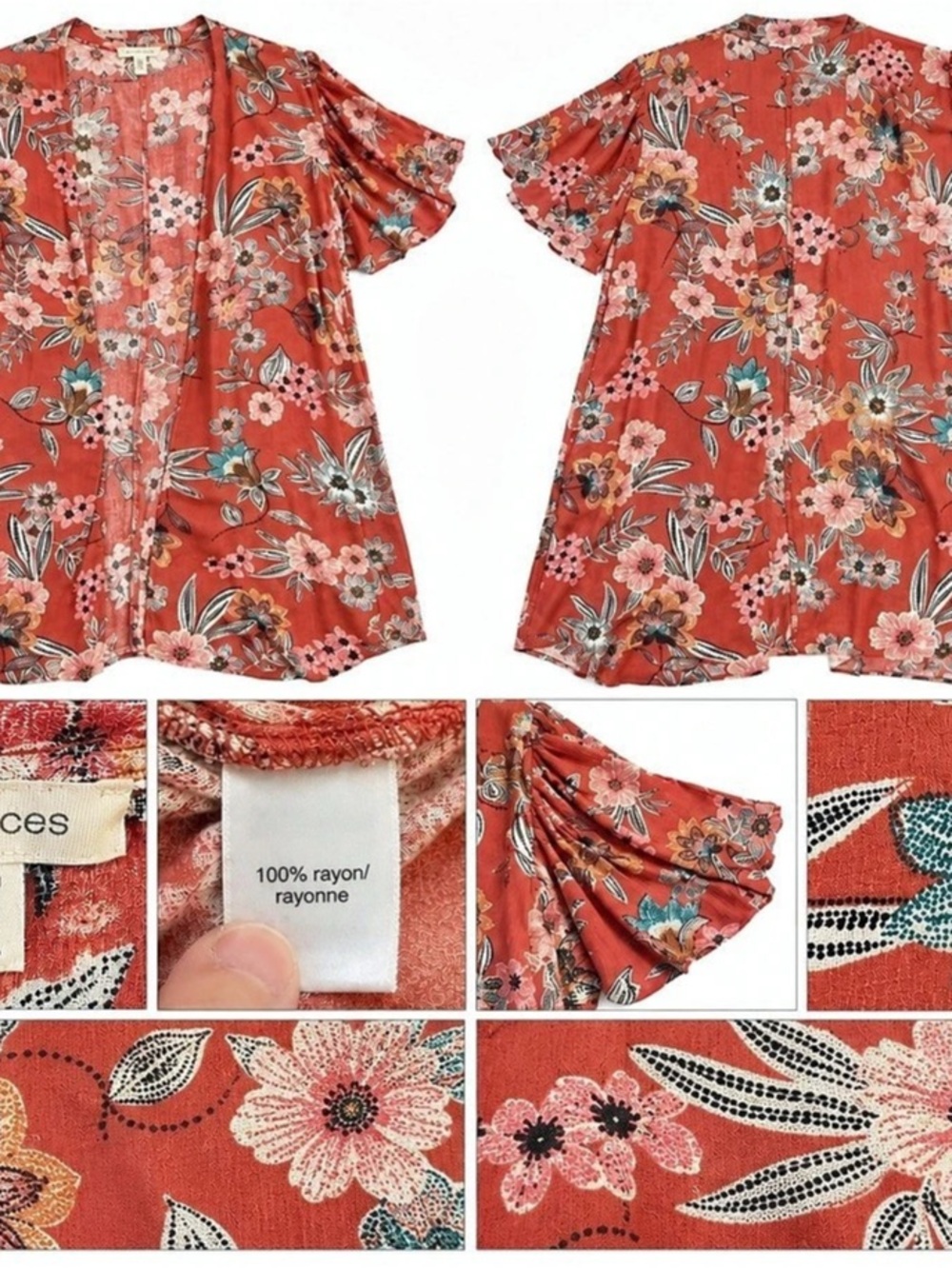 Maurices Women’s XL Rust Floral Kimono Cardigan Flutter Sleeve Open Front Rayon1